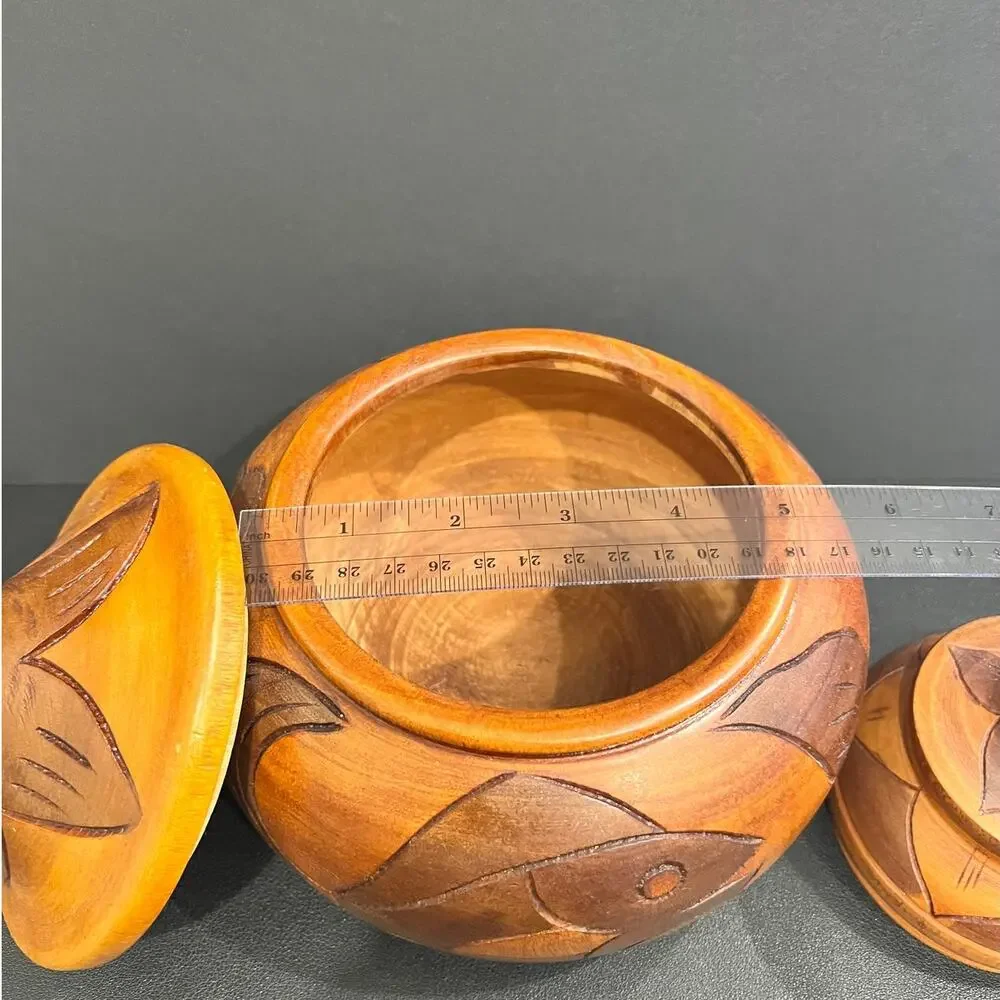 Haitian Hand-Carved Two Toned Monkey Pod Wood Lidded Bowls Vintage Folk Art Fish